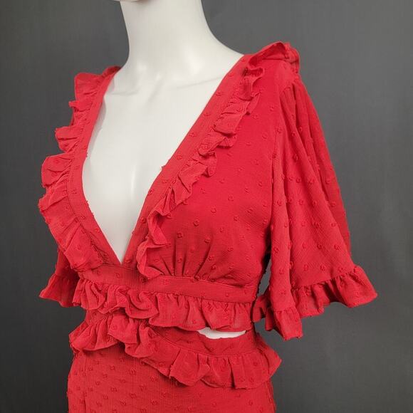 Selfie Leslie Red Mini Dress XS Swiss Dot Ruffle Cutout Partywear - Picture 2 of 8
